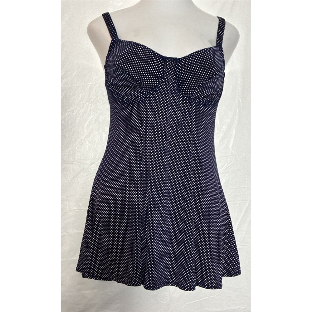 Beach Cabana Swim Dress Swimsuit I Piece Underwire Polka Dot Retro Blue Retro 1X